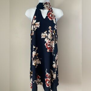 SHEIN Floral Halter Neck Navy  Dress with Cream, Mustard & Red Blooms